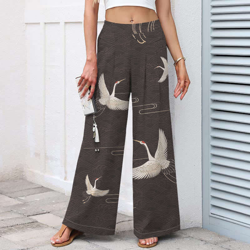 Nimara Ritual Cotton Linen Crane Wave Pattern Women's Elastic Waist Wide Leg Pants With Pockets