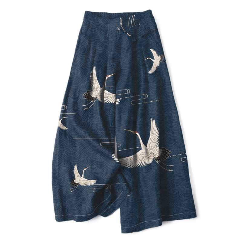 Nimara Ritual Cotton Linen Crane Wave Pattern Women's Elastic Waist Wide Leg Pants With Pockets