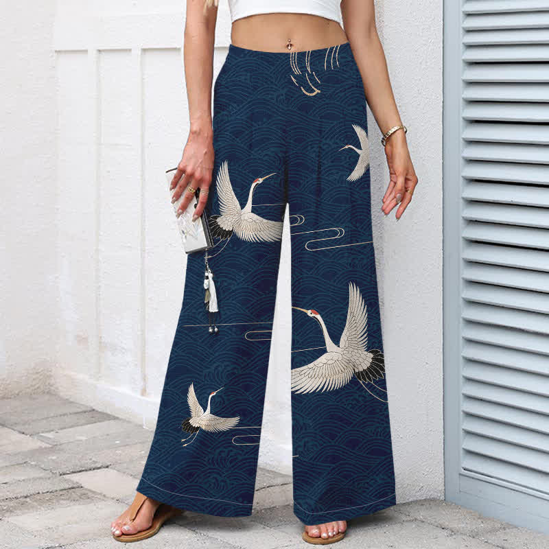 Nimara Ritual Cotton Linen Crane Wave Pattern Women's Elastic Waist Wide Leg Pants With Pockets