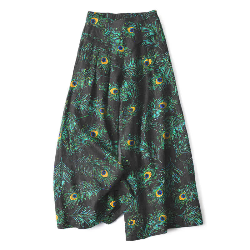 Nimara Ritual Cotton Linen Peacock Feather Pattern Women's Elastic Waist Wide Leg Pants With Pockets