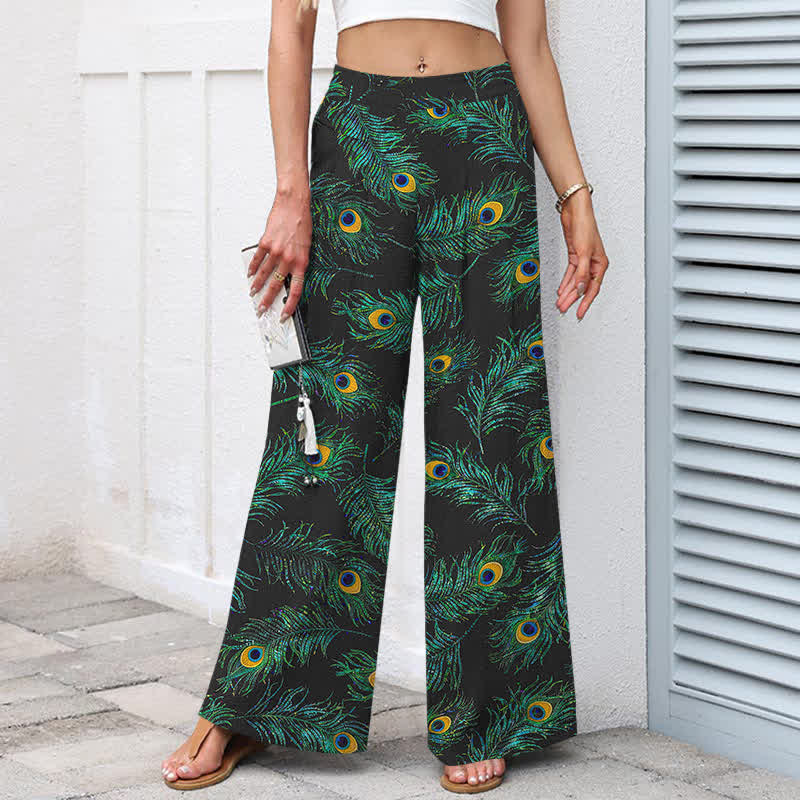 Nimara Ritual Cotton Linen Peacock Feather Pattern Women's Elastic Waist Wide Leg Pants With Pockets