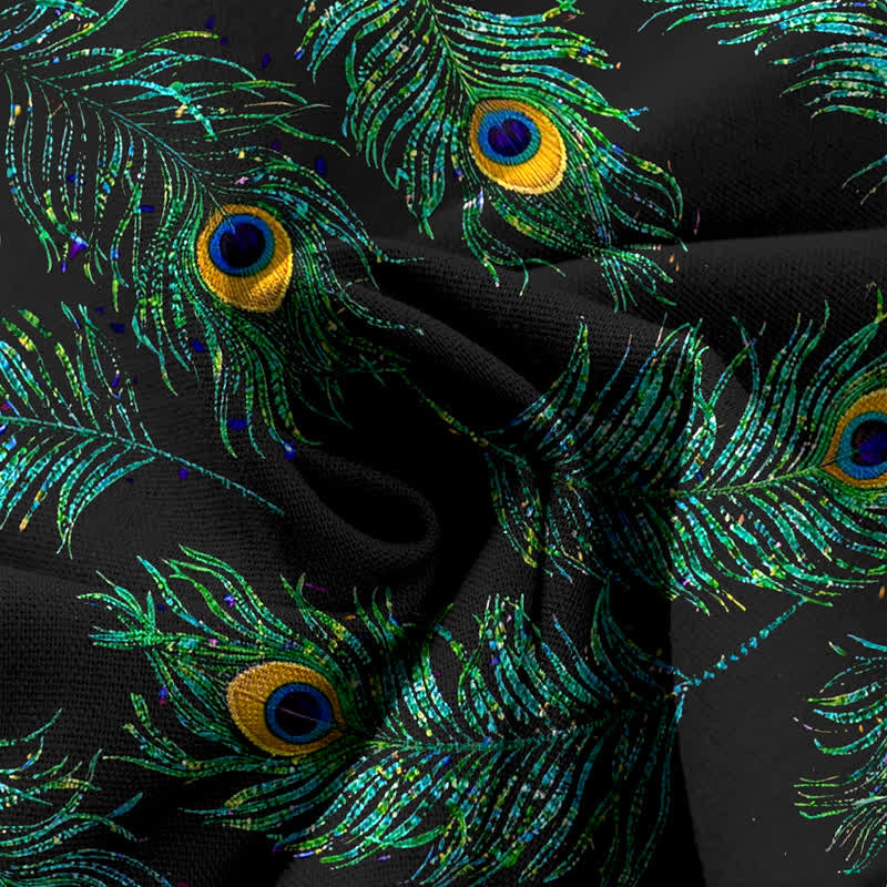 Nimara Ritual Cotton Linen Peacock Feather Pattern Women's Elastic Waist Wide Leg Pants With Pockets