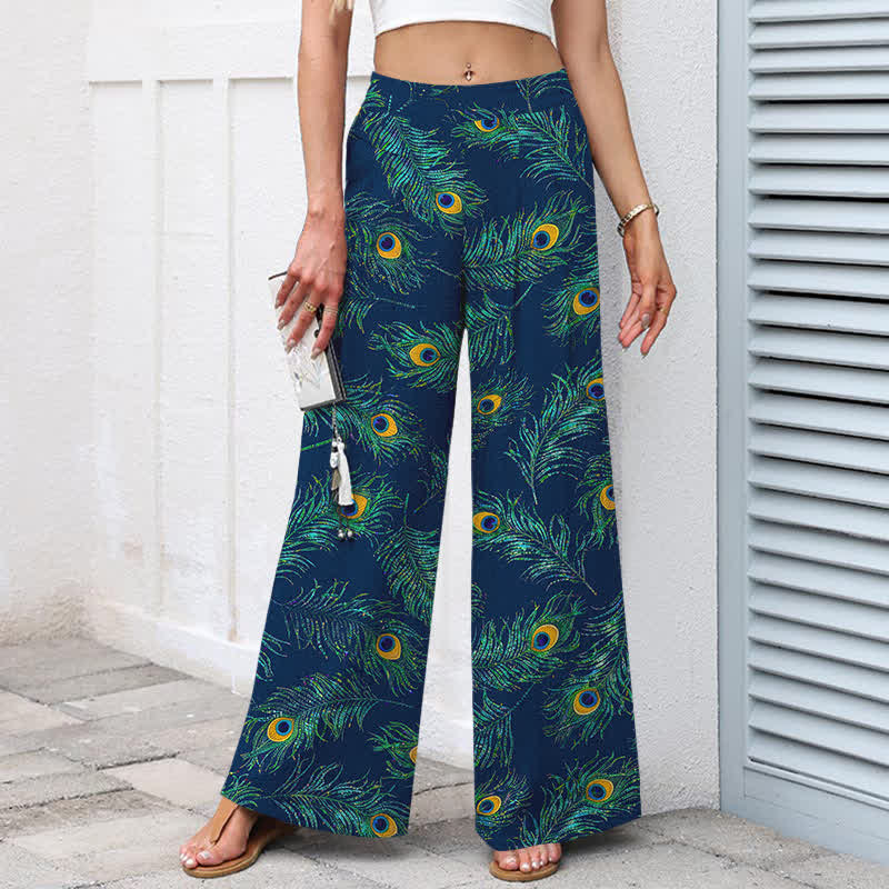Nimara Ritual Cotton Linen Peacock Feather Pattern Women's Elastic Waist Wide Leg Pants With Pockets