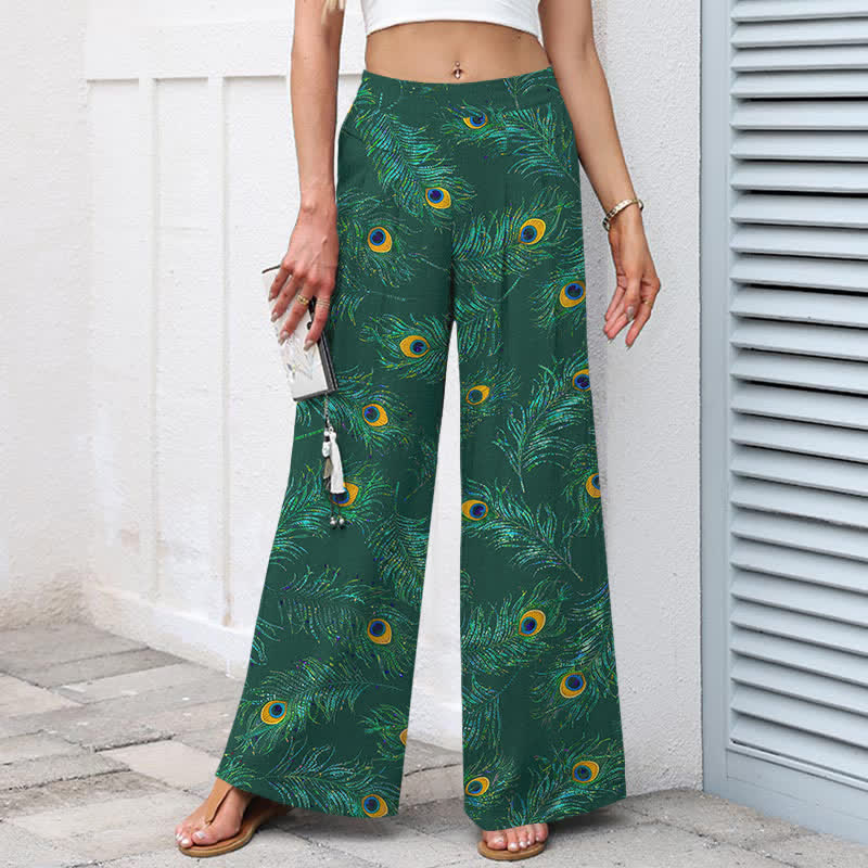 Nimara Ritual Cotton Linen Peacock Feather Pattern Women's Elastic Waist Wide Leg Pants With Pockets