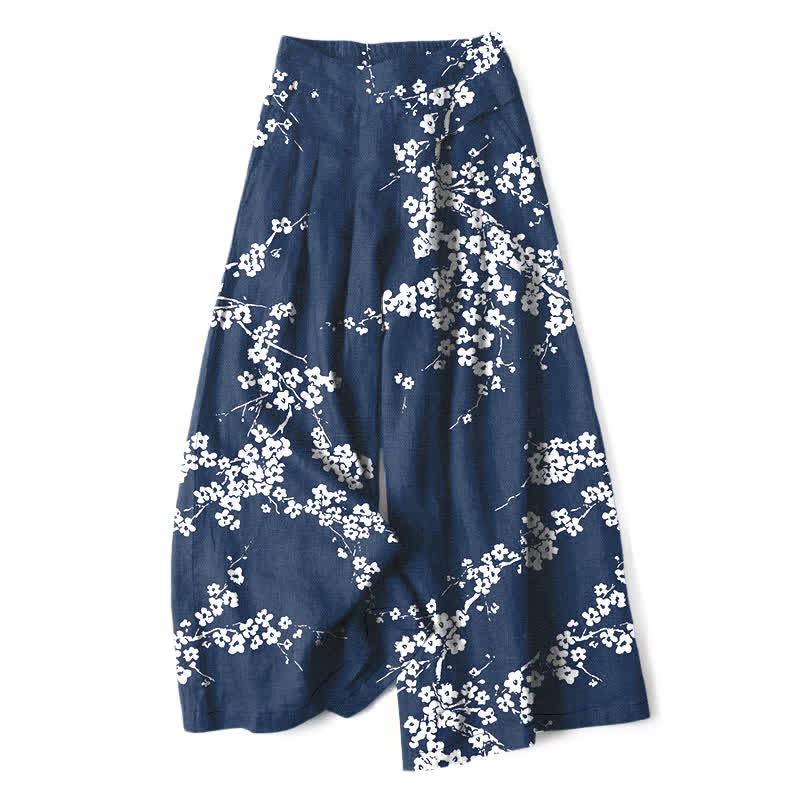 Nimara Ritual Cotton Linen White Sakura Branch Pattern Women's Elastic Waist Wide Leg Pants With Pockets