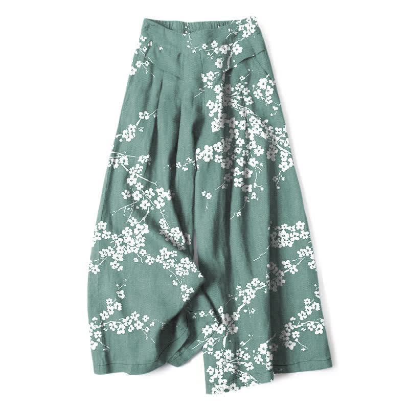 Nimara Ritual Cotton Linen White Sakura Branch Pattern Women's Elastic Waist Wide Leg Pants With Pockets