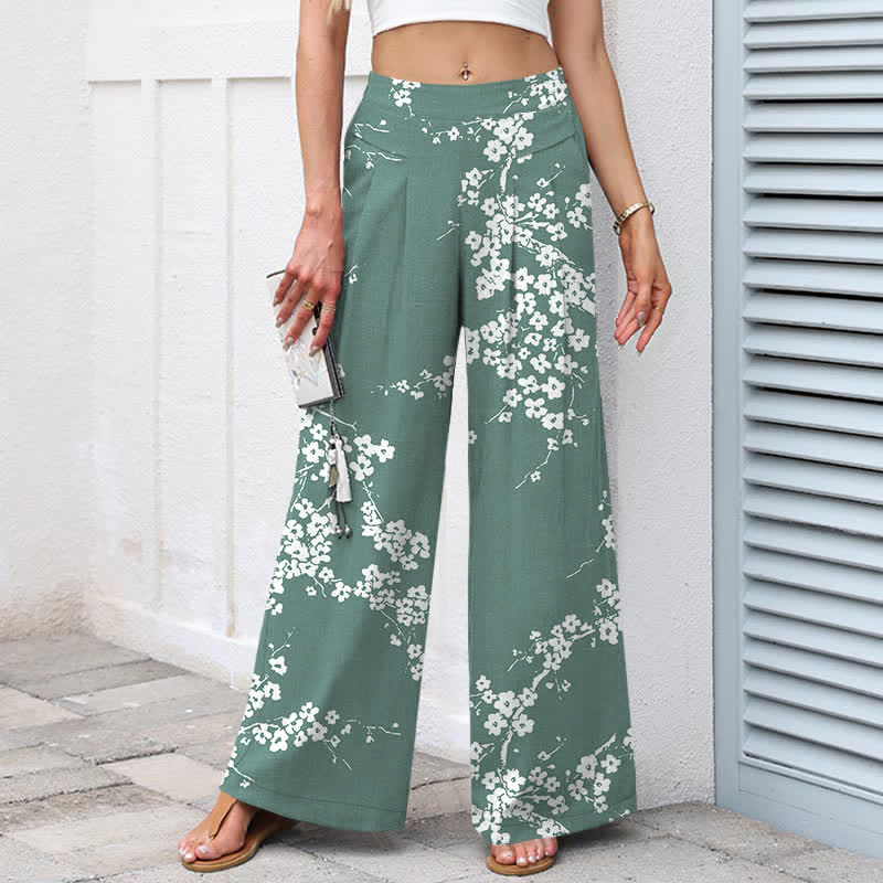 Nimara Ritual Cotton Linen White Sakura Branch Pattern Women's Elastic Waist Wide Leg Pants With Pockets