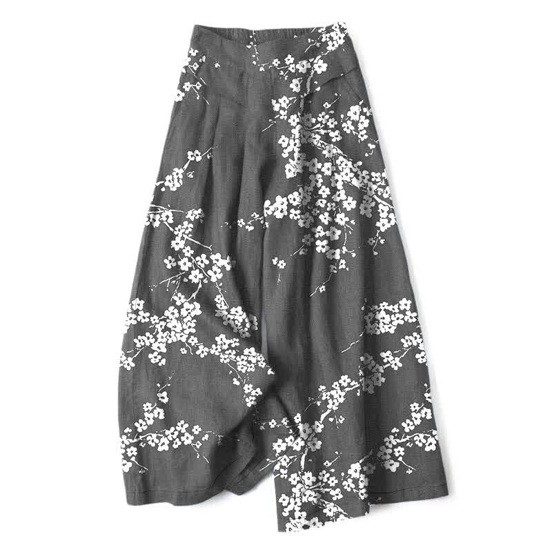 Nimara Ritual Cotton Linen White Sakura Branch Pattern Women's Elastic Waist Wide Leg Pants With Pockets