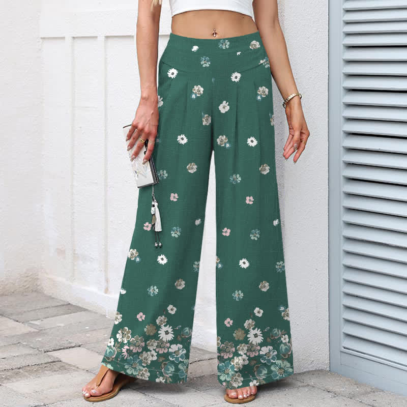 Nimara Ritual Cotton Linen Vintage Daisy Floral Pattern Women's Elastic Waist Wide Leg Pants With Pockets