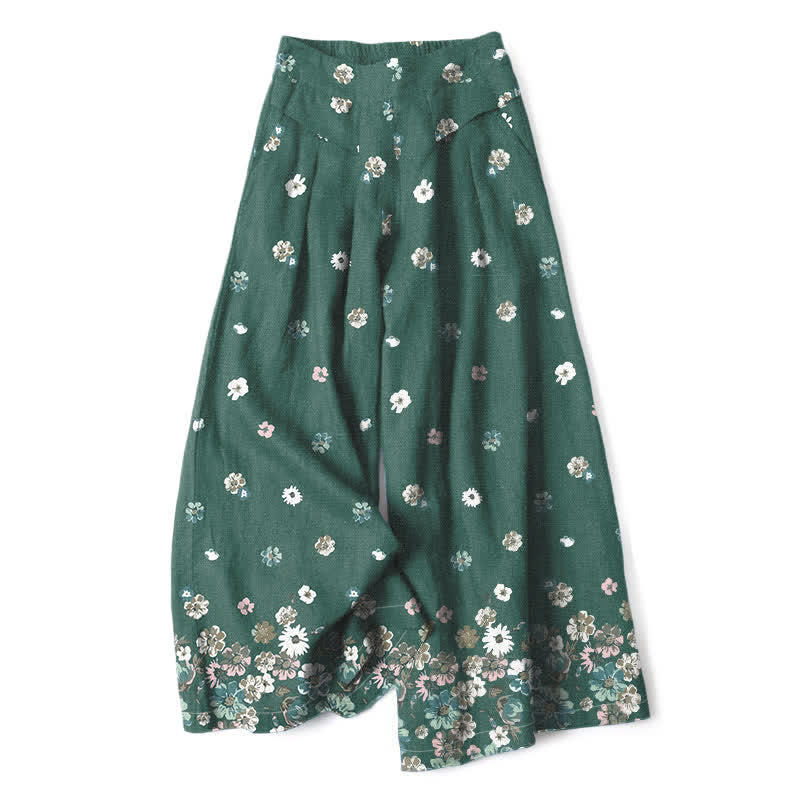 Nimara Ritual Cotton Linen Vintage Daisy Floral Pattern Women's Elastic Waist Wide Leg Pants With Pockets