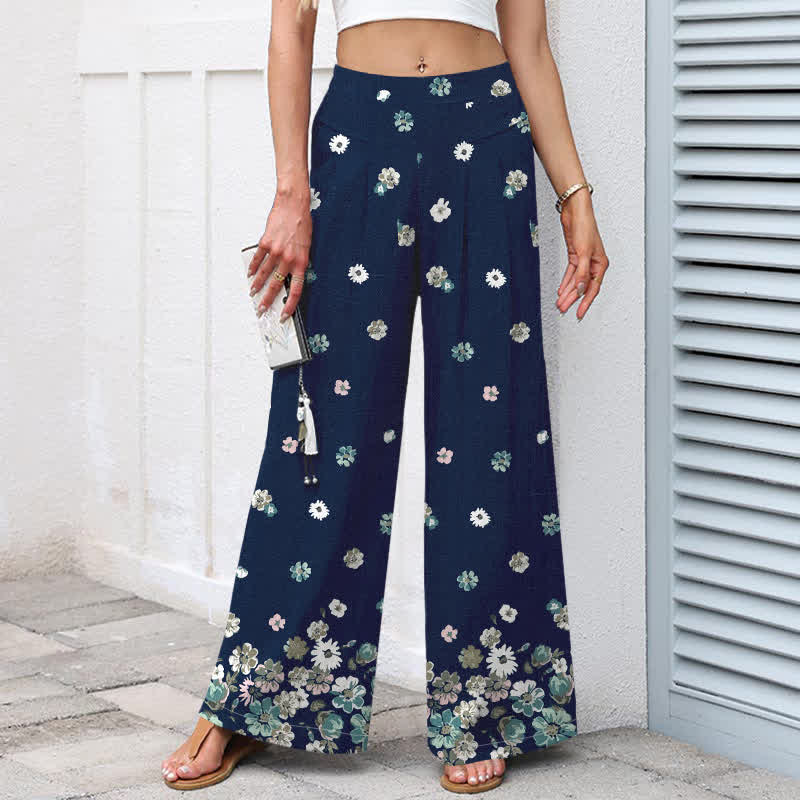 Nimara Ritual Cotton Linen Vintage Daisy Floral Pattern Women's Elastic Waist Wide Leg Pants With Pockets