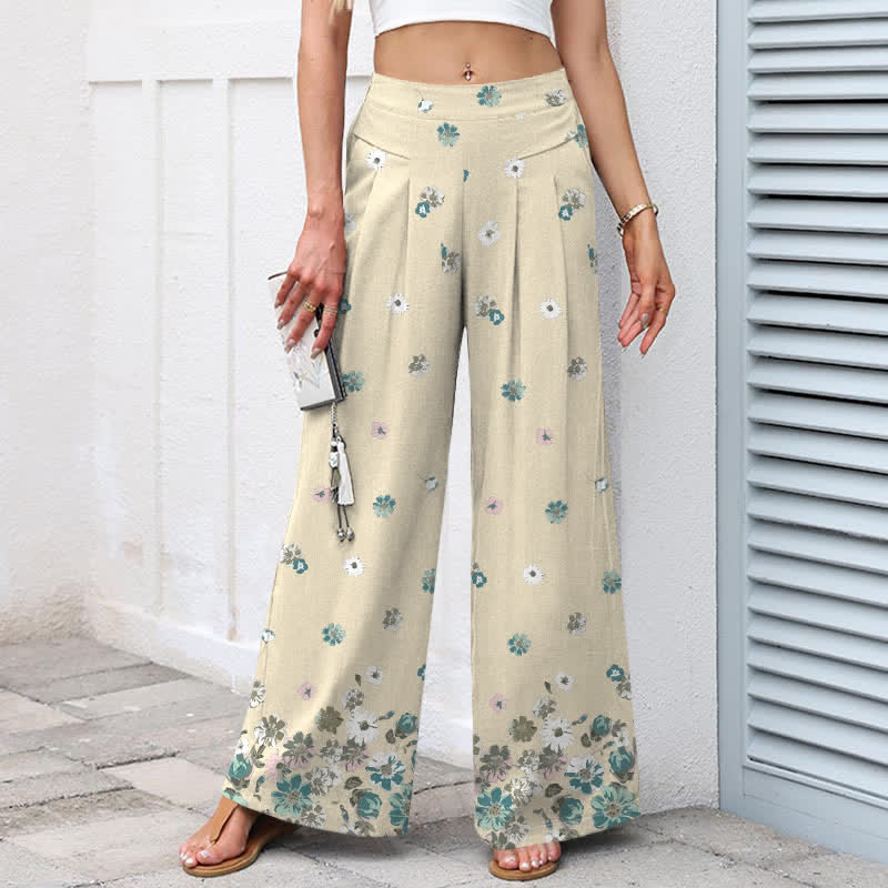 Nimara Ritual Cotton Linen Vintage Daisy Floral Pattern Women's Elastic Waist Wide Leg Pants With Pockets