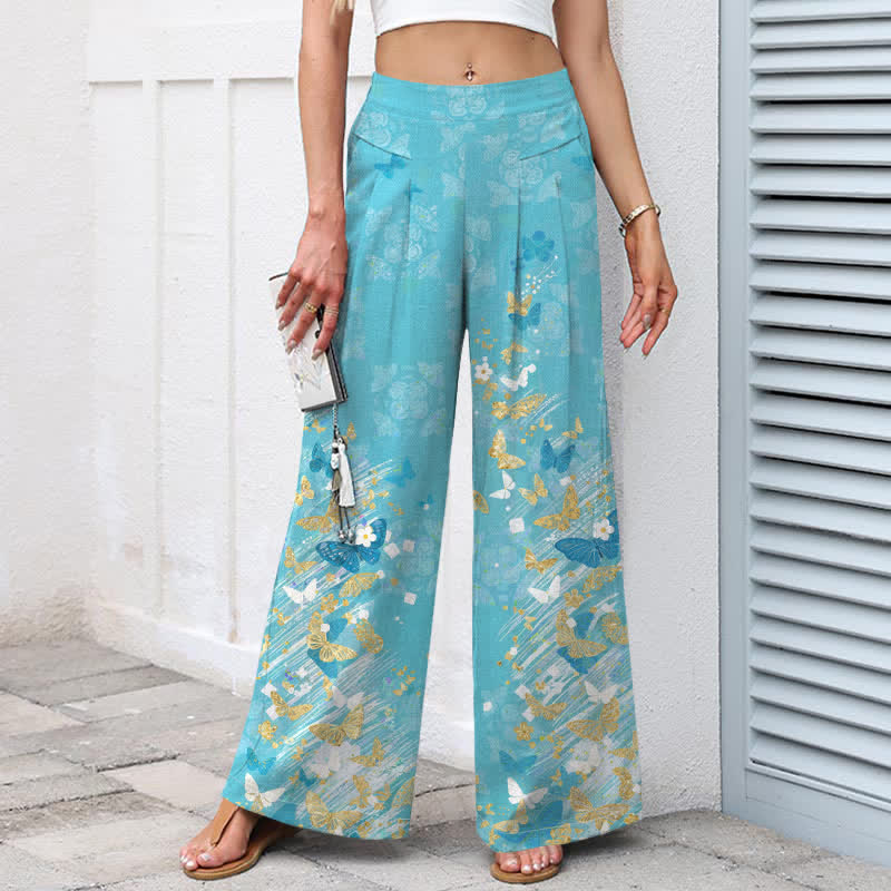 Nimara Ritual Cotton Linen Bohemian Floral Gold Butterflies Pattern Women's Elastic Waist Wide Leg Pants With Pockets