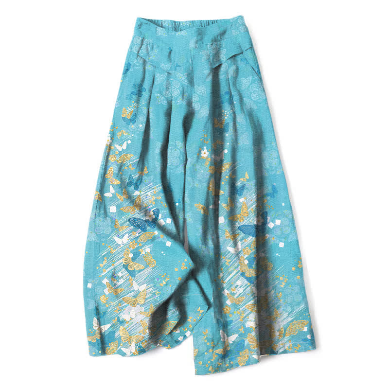 Nimara Ritual Cotton Linen Bohemian Floral Gold Butterflies Pattern Women's Elastic Waist Wide Leg Pants With Pockets