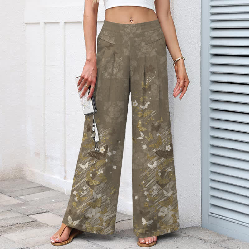 Nimara Ritual Cotton Linen Bohemian Floral Gold Butterflies Pattern Women's Elastic Waist Wide Leg Pants With Pockets