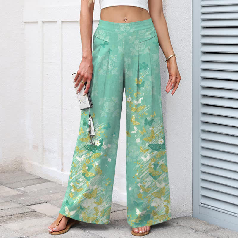 Nimara Ritual Cotton Linen Bohemian Floral Gold Butterflies Pattern Women's Elastic Waist Wide Leg Pants With Pockets