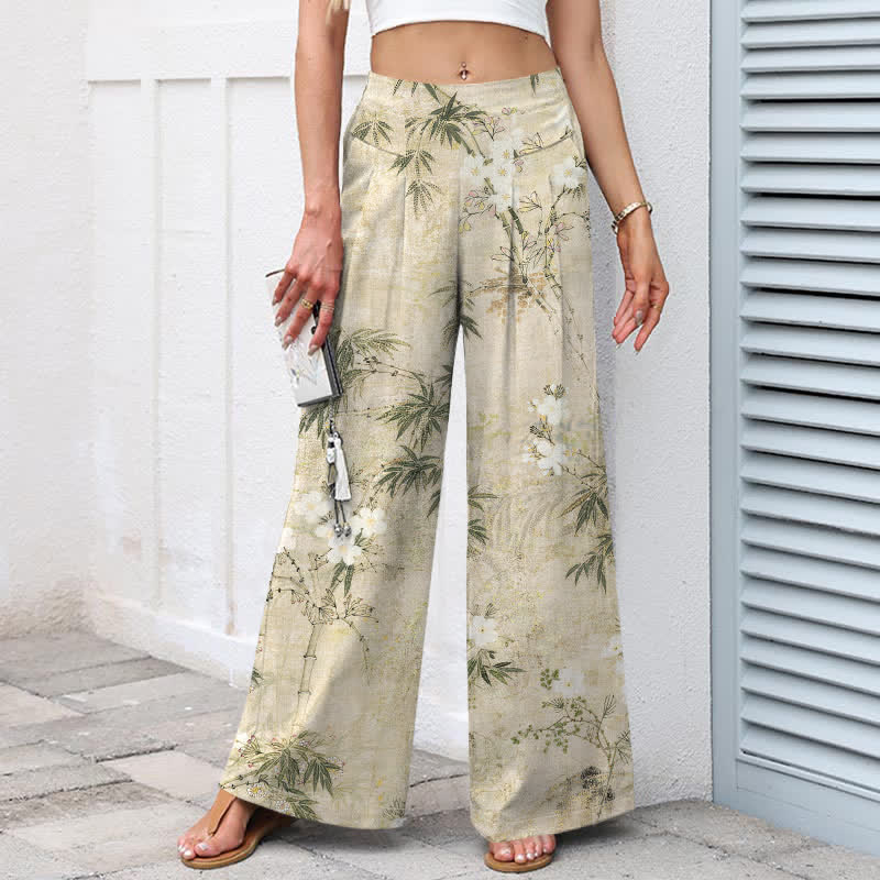 Nimara Ritual Cotton Linen Bamboo Leaf Pattern Women's Elastic Waist Wide Leg Pants With Pockets