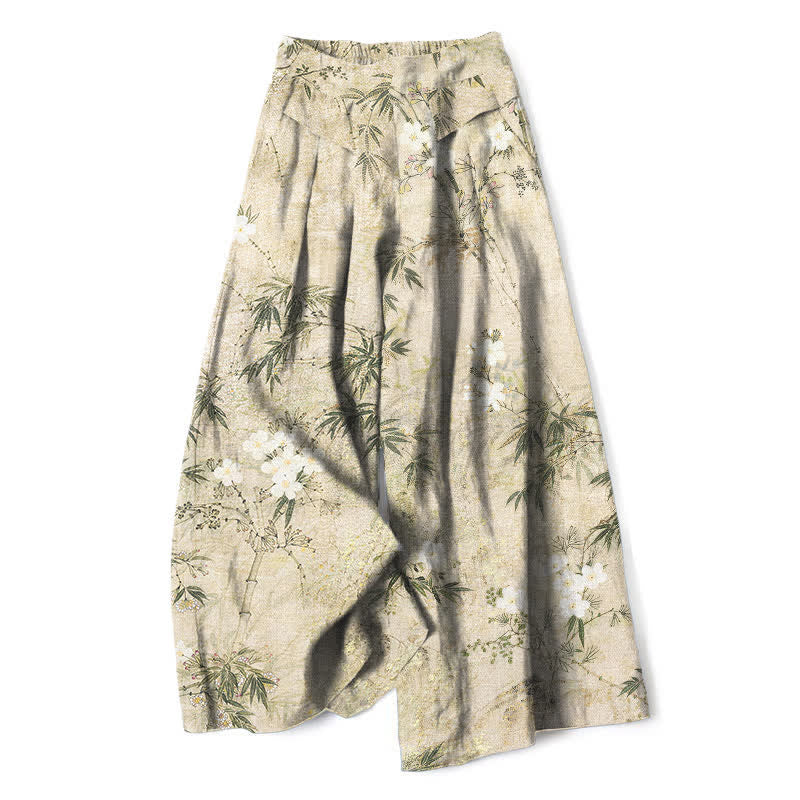 Nimara Ritual Cotton Linen Bamboo Leaf Pattern Women's Elastic Waist Wide Leg Pants With Pockets