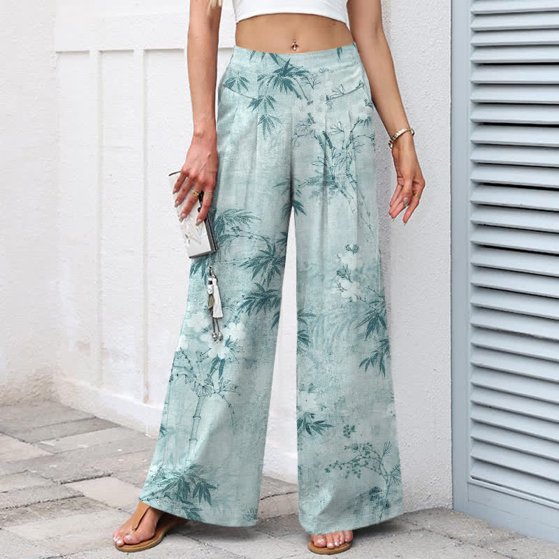 Nimara Ritual Cotton Linen Bamboo Leaf Pattern Women's Elastic Waist Wide Leg Pants With Pockets
