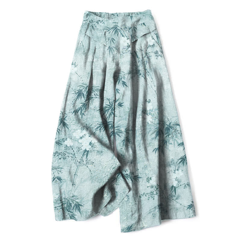 Nimara Ritual Cotton Linen Bamboo Leaf Pattern Women's Elastic Waist Wide Leg Pants With Pockets