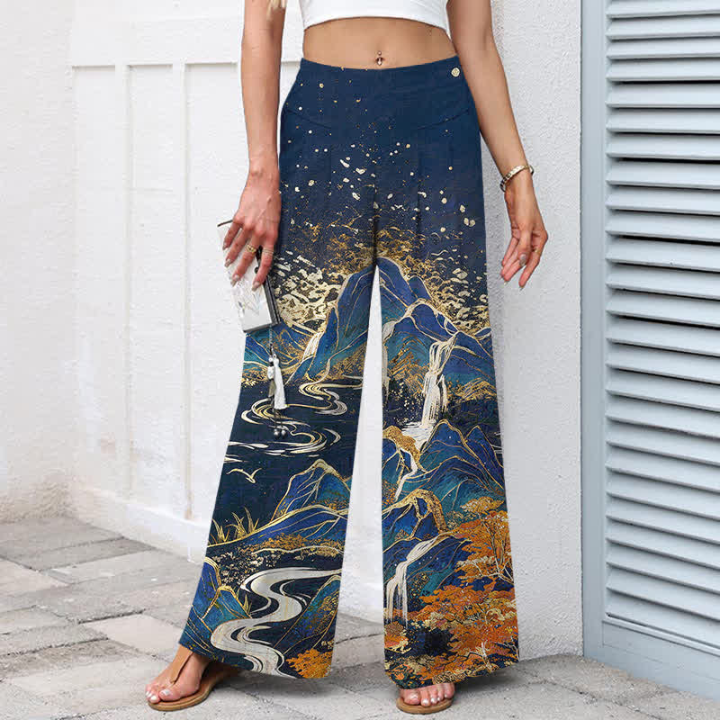 Nimara Ritual Cotton Linen Oriental Landscape Pattern Women's Elastic Waist Wide Leg Pants With Pockets