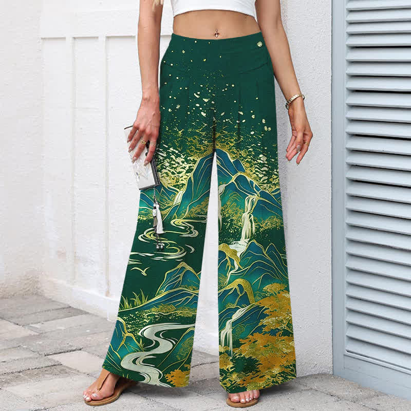 Nimara Ritual Cotton Linen Oriental Landscape Pattern Women's Elastic Waist Wide Leg Pants With Pockets