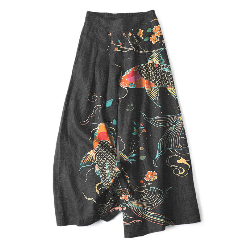Nimara Ritual Cotton Linen Koi Fish Floral Pattern Women's Elastic Waist Wide Leg Pants With Pockets