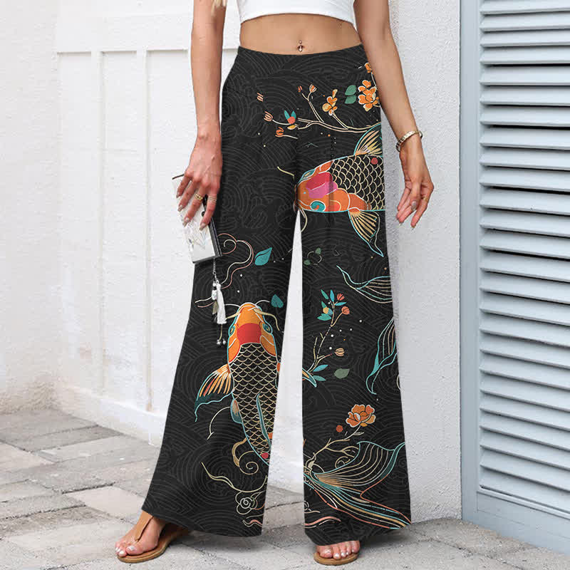 Nimara Ritual Cotton Linen Koi Fish Floral Pattern Women's Elastic Waist Wide Leg Pants With Pockets