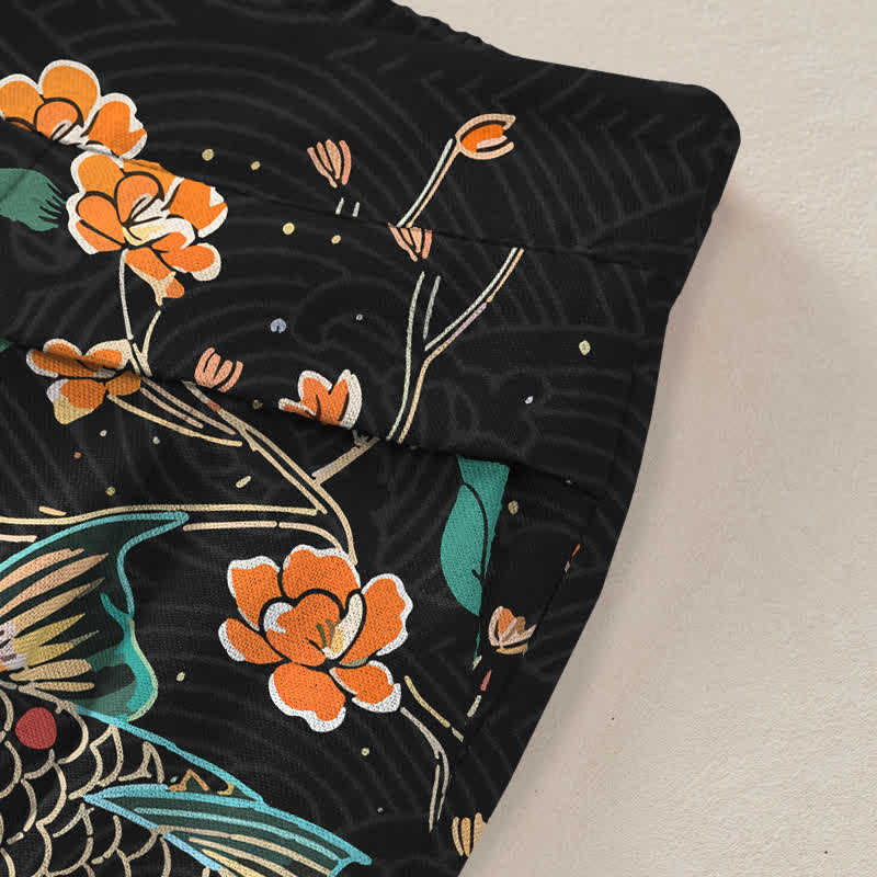 Nimara Ritual Cotton Linen Koi Fish Floral Pattern Women's Elastic Waist Wide Leg Pants With Pockets