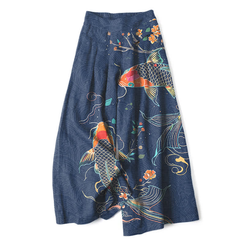 Nimara Ritual Cotton Linen Koi Fish Floral Pattern Women's Elastic Waist Wide Leg Pants With Pockets