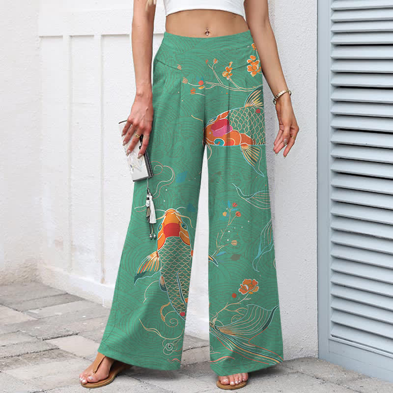 Nimara Ritual Cotton Linen Koi Fish Floral Pattern Women's Elastic Waist Wide Leg Pants With Pockets