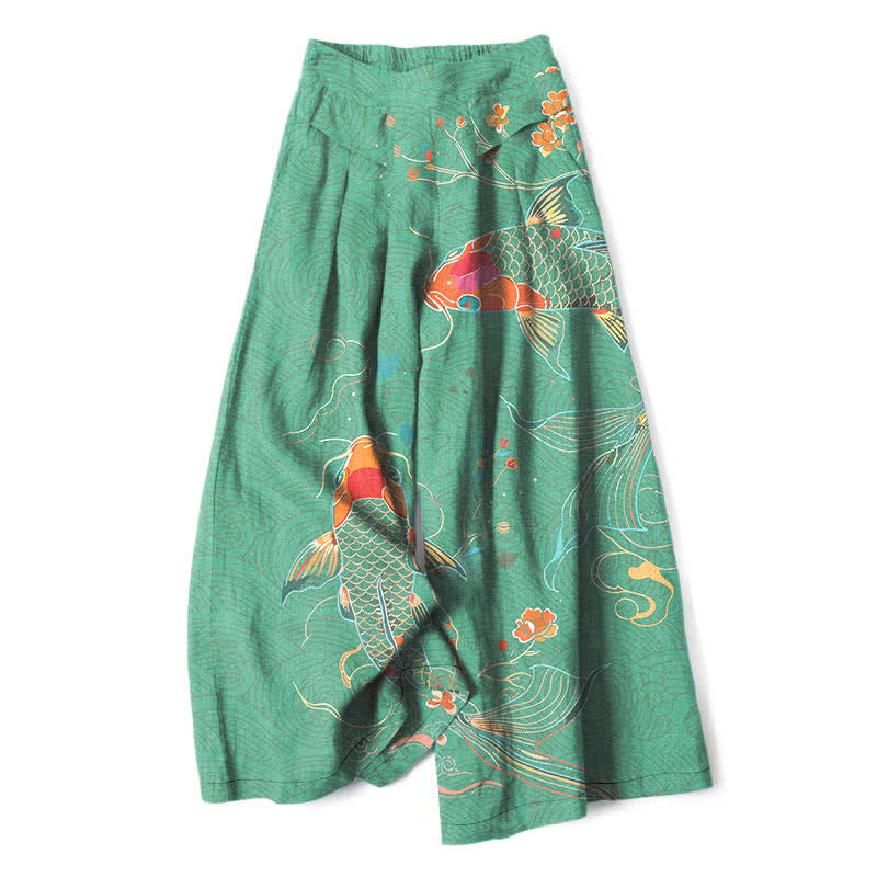 Nimara Ritual Cotton Linen Koi Fish Floral Pattern Women's Elastic Waist Wide Leg Pants With Pockets