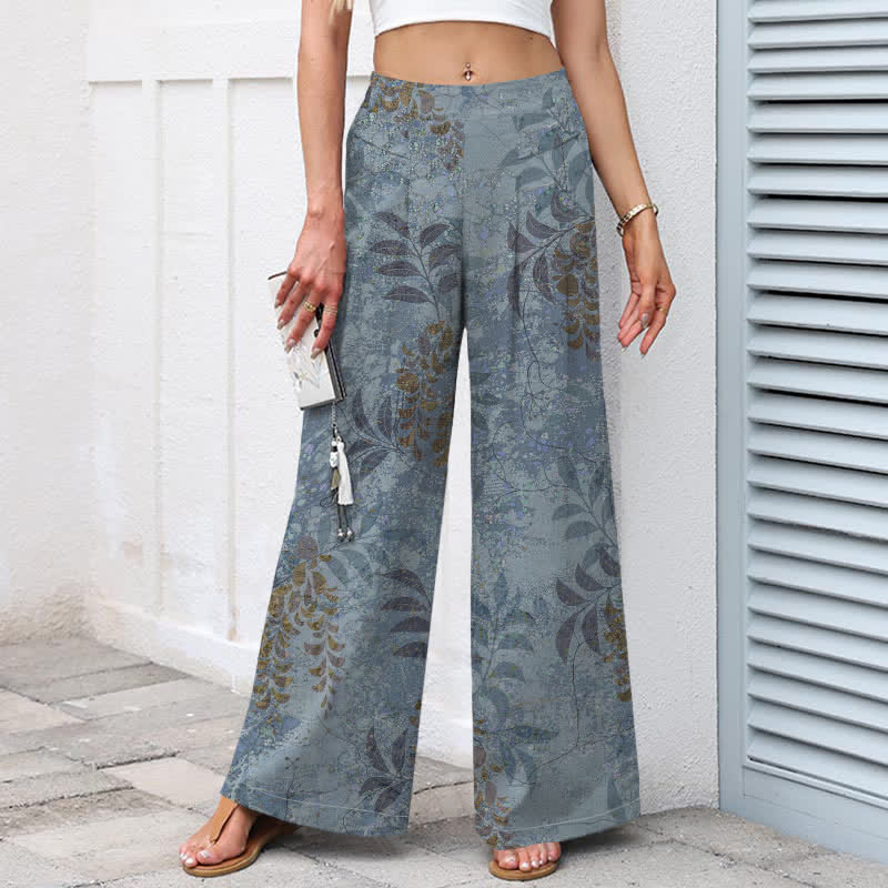 Nimara Ritual Cotton Linen Vintage Leaf Pattern Women's Elastic Waist Wide Leg Pants With Pockets