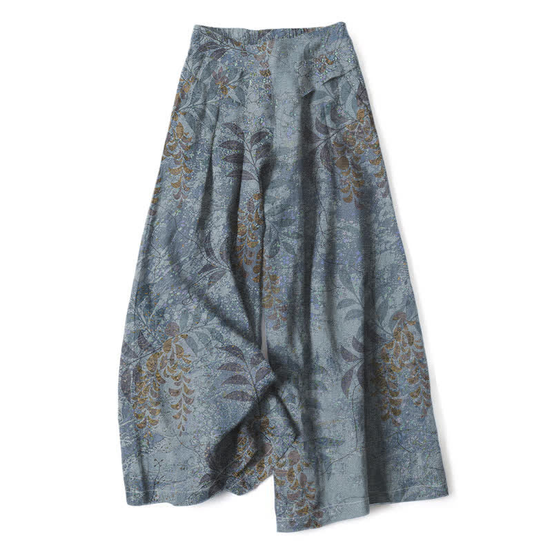 Nimara Ritual Cotton Linen Vintage Leaf Pattern Women's Elastic Waist Wide Leg Pants With Pockets