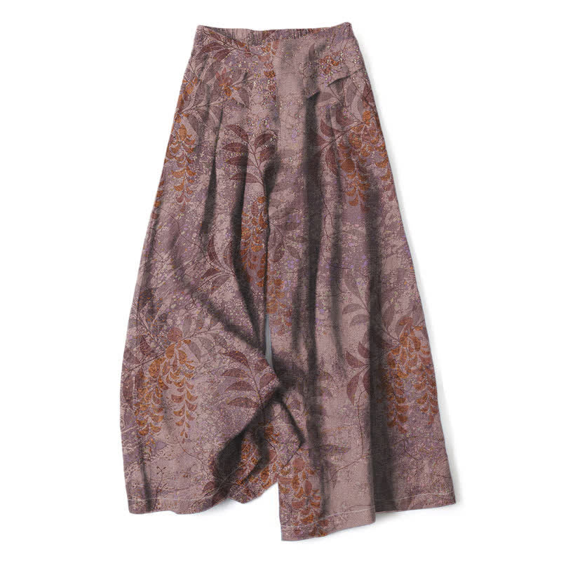 Nimara Ritual Cotton Linen Vintage Leaf Pattern Women's Elastic Waist Wide Leg Pants With Pockets