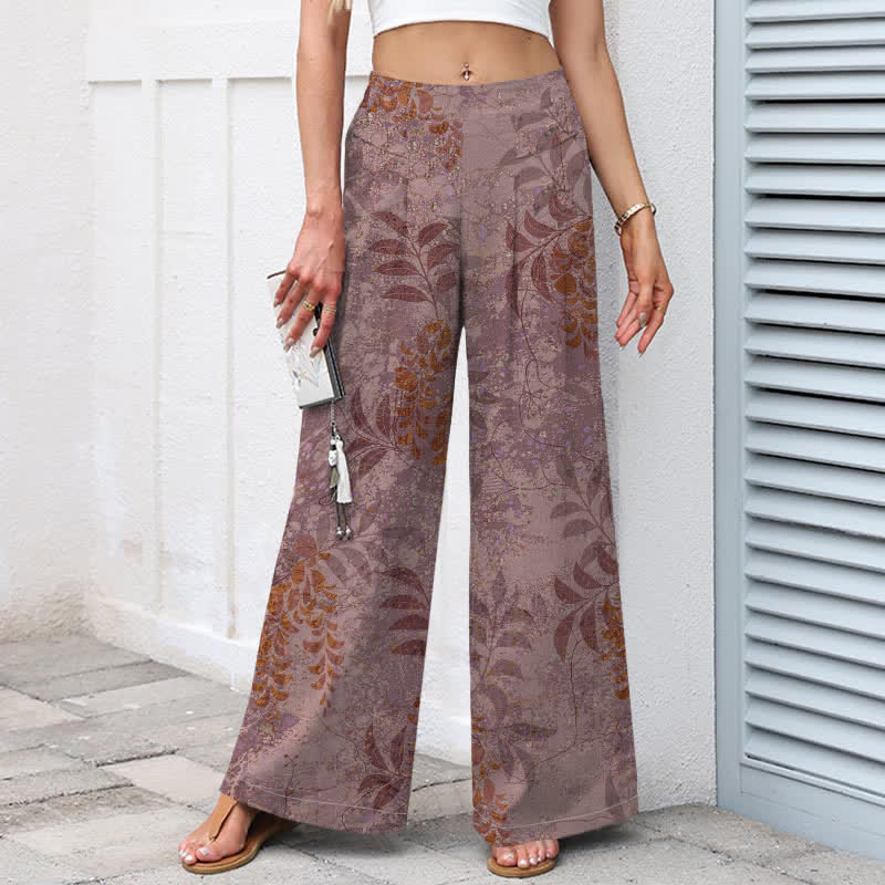 Nimara Ritual Cotton Linen Vintage Leaf Pattern Women's Elastic Waist Wide Leg Pants With Pockets