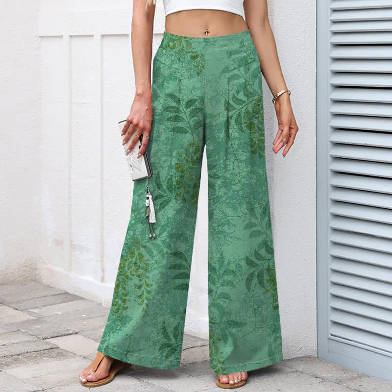 Nimara Ritual Cotton Linen Vintage Leaf Pattern Women's Elastic Waist Wide Leg Pants With Pockets