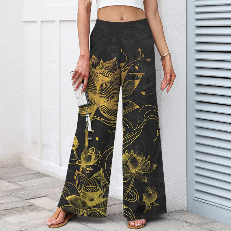 Nimara Ritual Cotton Linen Gold Lotus Pattern Women's Elastic Waist Wide Leg Pants With Pockets