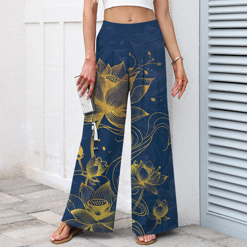 Nimara Ritual Cotton Linen Gold Lotus Pattern Women's Elastic Waist Wide Leg Pants With Pockets