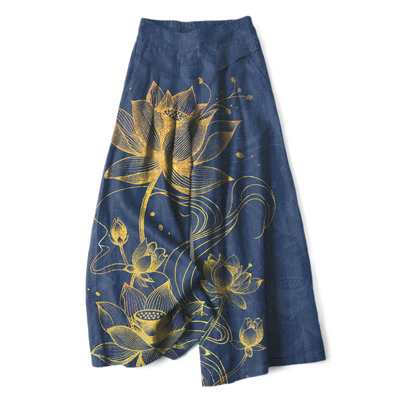 Nimara Ritual Cotton Linen Gold Lotus Pattern Women's Elastic Waist Wide Leg Pants With Pockets