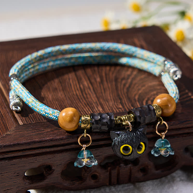 Nimara Ritual Plaited String Ebony Wood Cat Head Peace Adjustable Cats Pet Collar