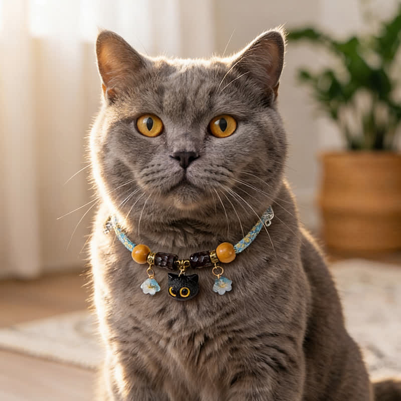 Nimara Ritual Plaited String Ebony Wood Cat Head Peace Adjustable Cats Pet Collar