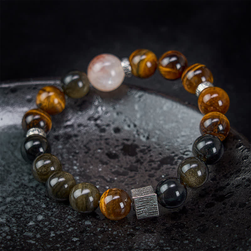 Nimara Ritual Tiger Eye Gold Sheen Obsidian Inclusion Quartz Bead Protection Bracelet