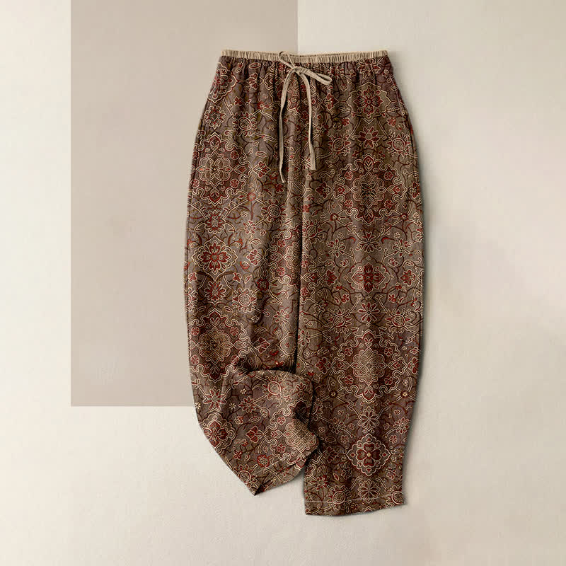 Nimara Ritual Pure Cotton Bohemian Floral Pattern Women's Elastic Waist Pants With Pockets