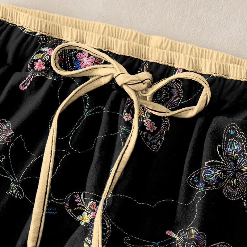 Nimara Ritual Pure Cotton Vintage Floral Butterfly Pattern Women's Elastic Waist Pants With Pockets