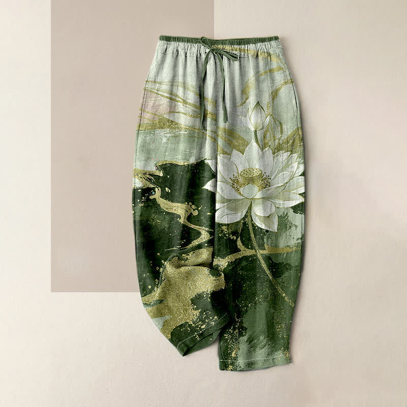 Nimara Ritual Pure Cotton Lotus Ink Wash Pattern Women's Elastic Waist Pants With Pockets