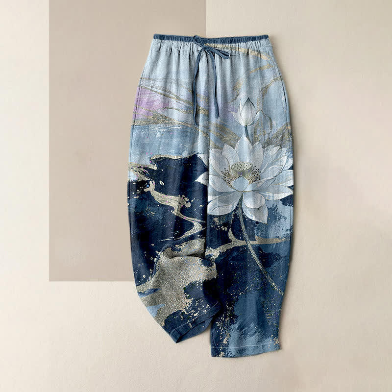 Nimara Ritual Pure Cotton Lotus Ink Wash Pattern Women's Elastic Waist Pants With Pockets