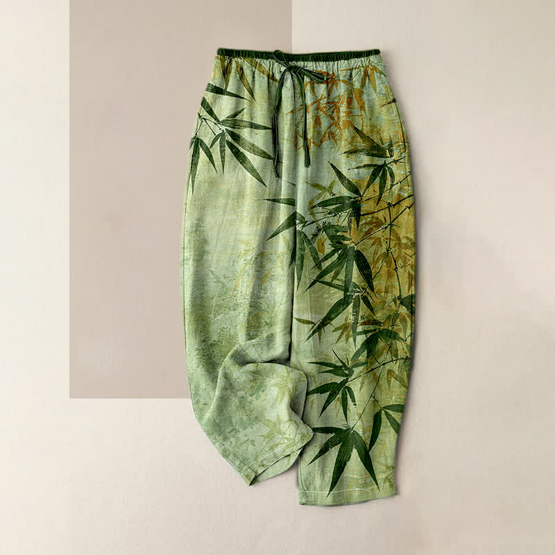 Nimara Ritual Pure Cotton Ink Bamboo Pattern Women's Elastic Waist Pants With Pockets