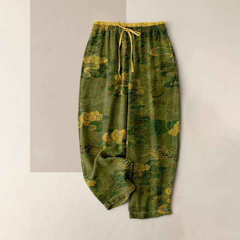 Nimara Ritual Pure Cotton Oriental Cloud Pattern Women's Elastic Waist Pants With Pockets