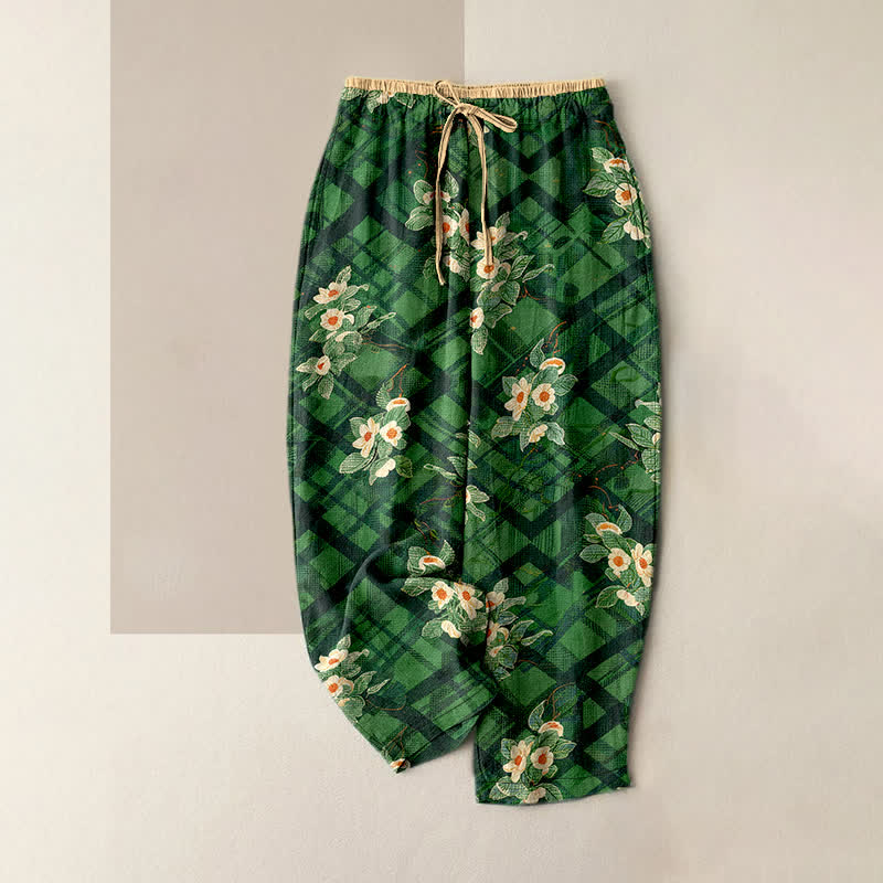 Nimara Ritual Pure Cotton Vintage Floral and Grid Pattern Women's Elastic Waist Pants with Pockets